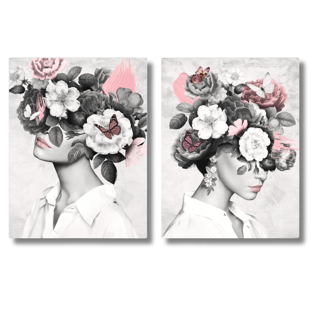 Leinwand Bilder Set - abstraktes Portrait einer Frau mit Blumen auf dem Kopf in Schwarz Weiß und rosa Akzenten auf beiden Bildern.