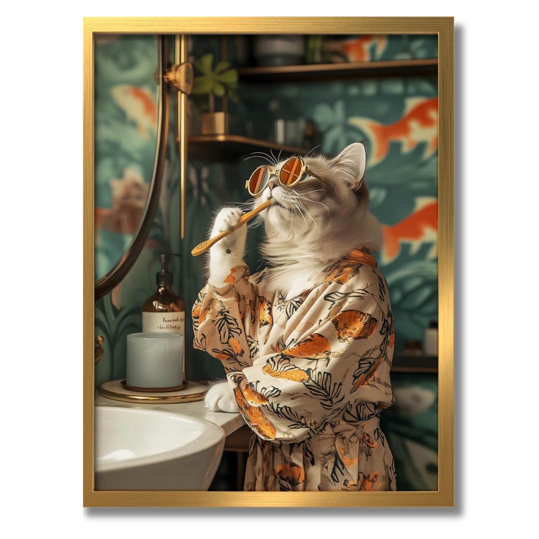 Dieses außergewöhnliche Wandbild in den Maßen 30x40cm zeigt eine Katze beim Zähneputzen. Die Katze ist stilvoll in einem eleganten Morgenmantel gekleidet – eine perfekte Kombination aus Witz und Ästhetik. Das Bild ist gerahmt und der Rahmen ist gold.