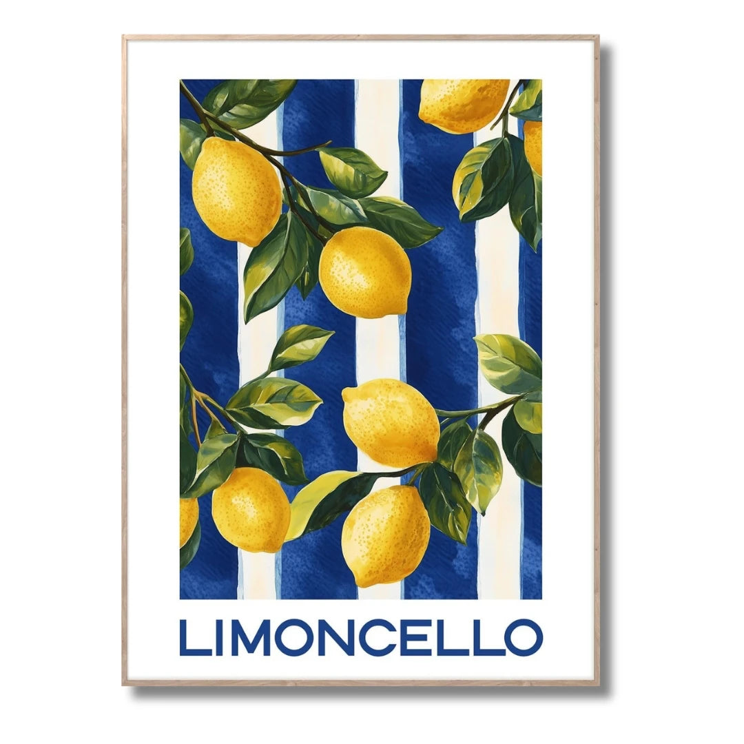 Dieses außergewöhnliche Wandbild in den Maßen 50x70cm zeigt im malerischen Stil Zitronen in kräftigem gelb und grünen Blättern. Der Hintergrund ist blau weiß gestreift und erinnert an eine Tischdecke. Unter dem Bild steht der Schriftzug Limoncello in blau.