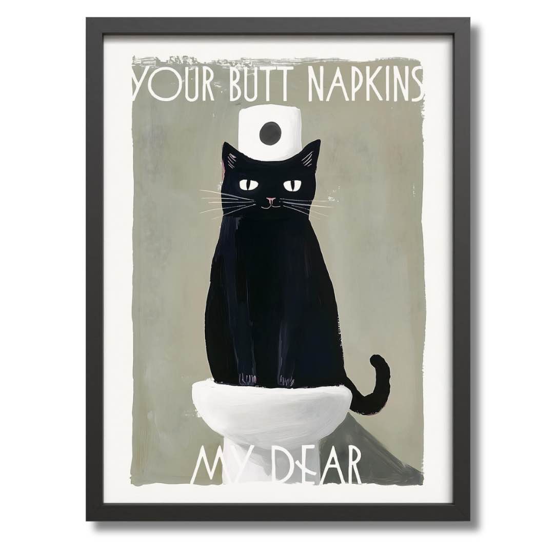 "Dieses einzigartige Wandbild in den Maßen 30x40cm zeigt eine schwarze Katze auf der Toilette, die mit einer Toilettenpapierrolle auf dem Kopf charmant und gelassen in die Welt blickt – eine perfekte Mischung aus Witz und Stil. Das Bild ist in handgemalter Optik sowie in den Farben Grau, Beige, Weiß gehalten und hat einen schwarzen Rahmen.
"