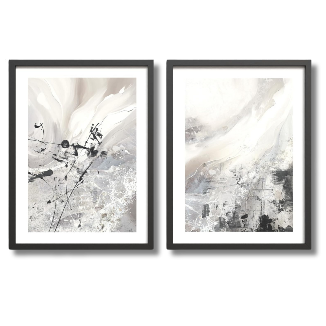 Bilder Set Rahmen - abstrakte und moderne Malerei als Kunst-Druck in Schwarz, Weiß, Grau.