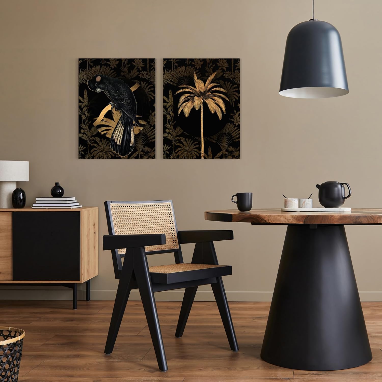 Black Parrot I Goldener Dschungel I Bilder Set Leinwand 2x 32x42 cm