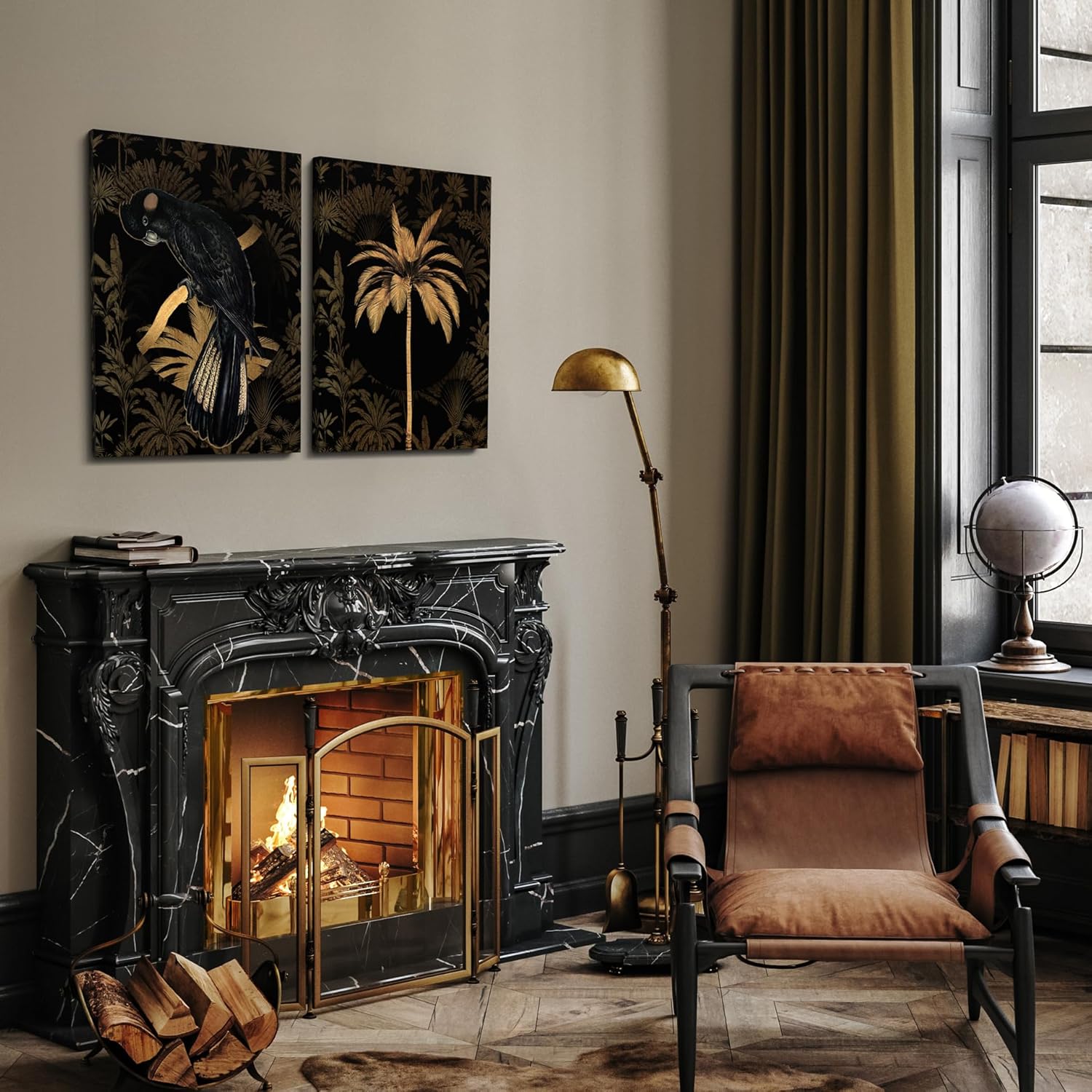 Black Parrot I Goldener Dschungel I Bilder Set Leinwand 2x 32x42 cm