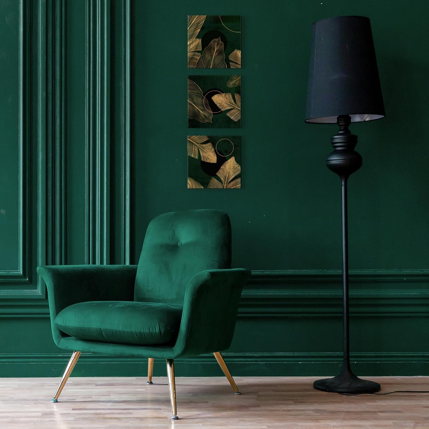 Green & Gold I Moderner Minimalismus I Bilder Set Leinwand 3x 32x32 cm