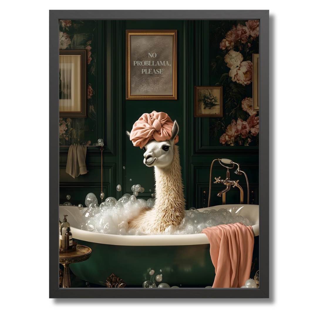 "Dieses charmante Wandbild in den Maßen 30x40cm zeigt ein Lama in der Badewanne, umgeben von elegantem Schaum, goldenen Akzenten und edlem Retro-Design – ein echter Hingucker mit Witz.
"