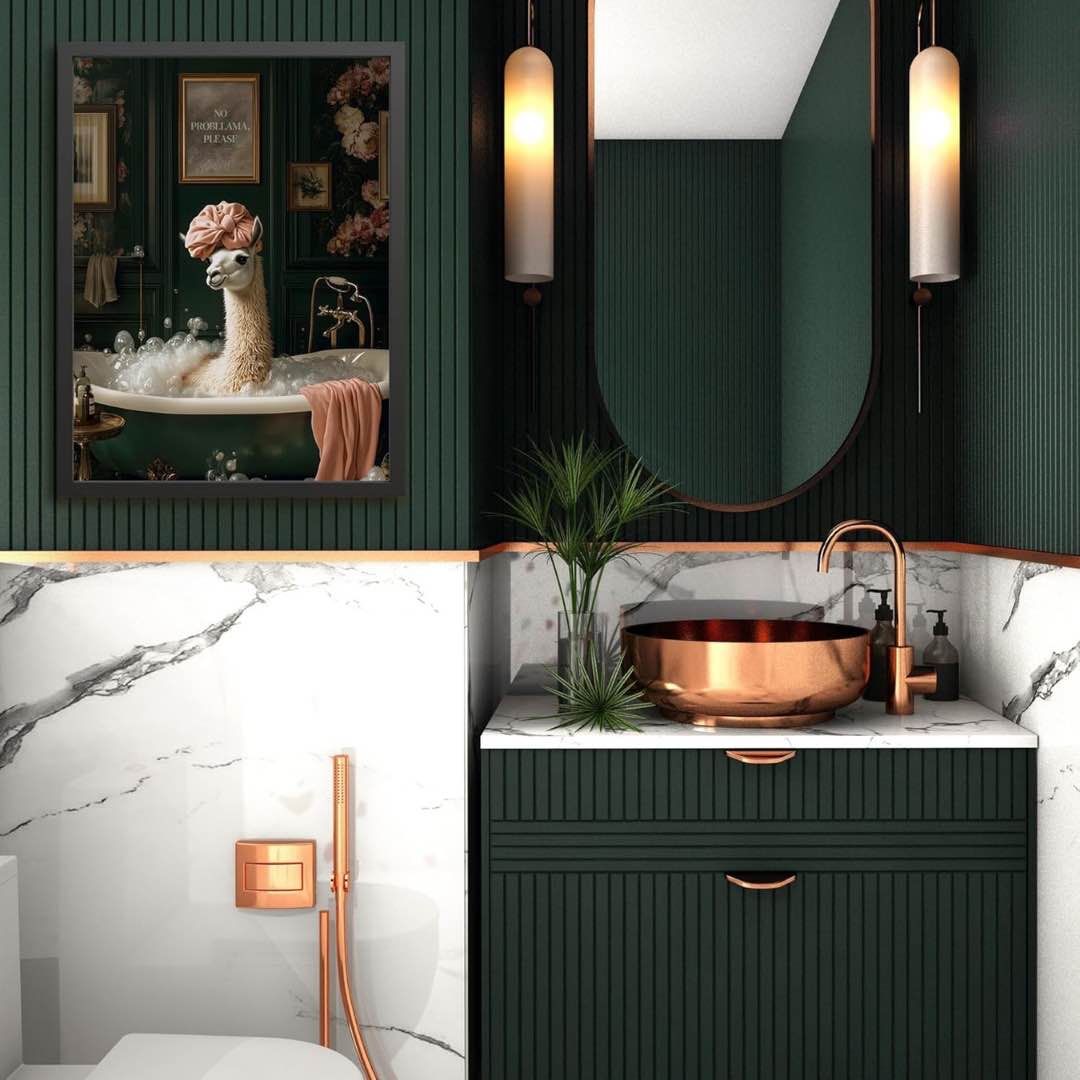 "Dieses charmante Wandbild in den Maßen 30x40cm zeigt ein Lama in der Badewanne, umgeben von elegantem Schaum, goldenen Akzenten und edlem Retro-Design – ein echter Hingucker mit Witz.
"