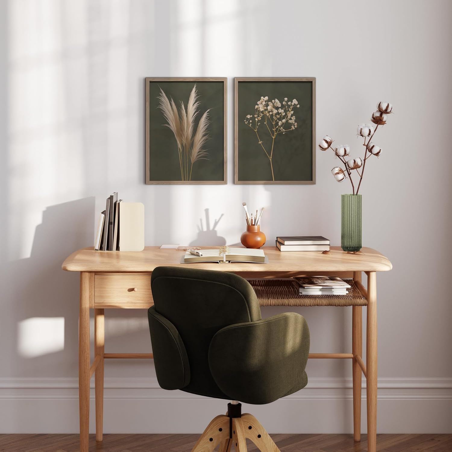 Boho I Minimalismus Grün Beige I Bilder Set mit Rahmen 2x 30x40 cm