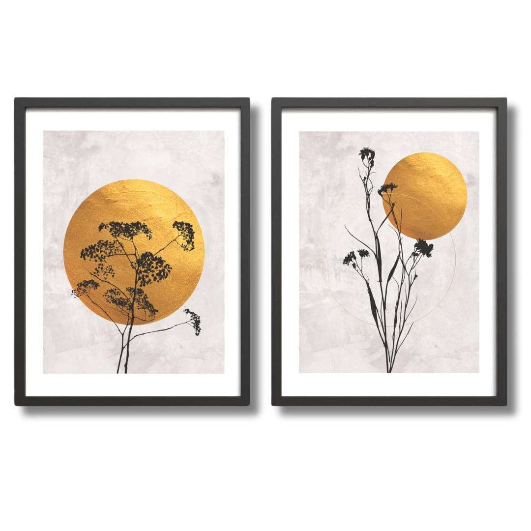 Bilder Set Rahmen - minimalistische vintage Kunst mit botanischen Silhouetten in Gold und Schwarz.