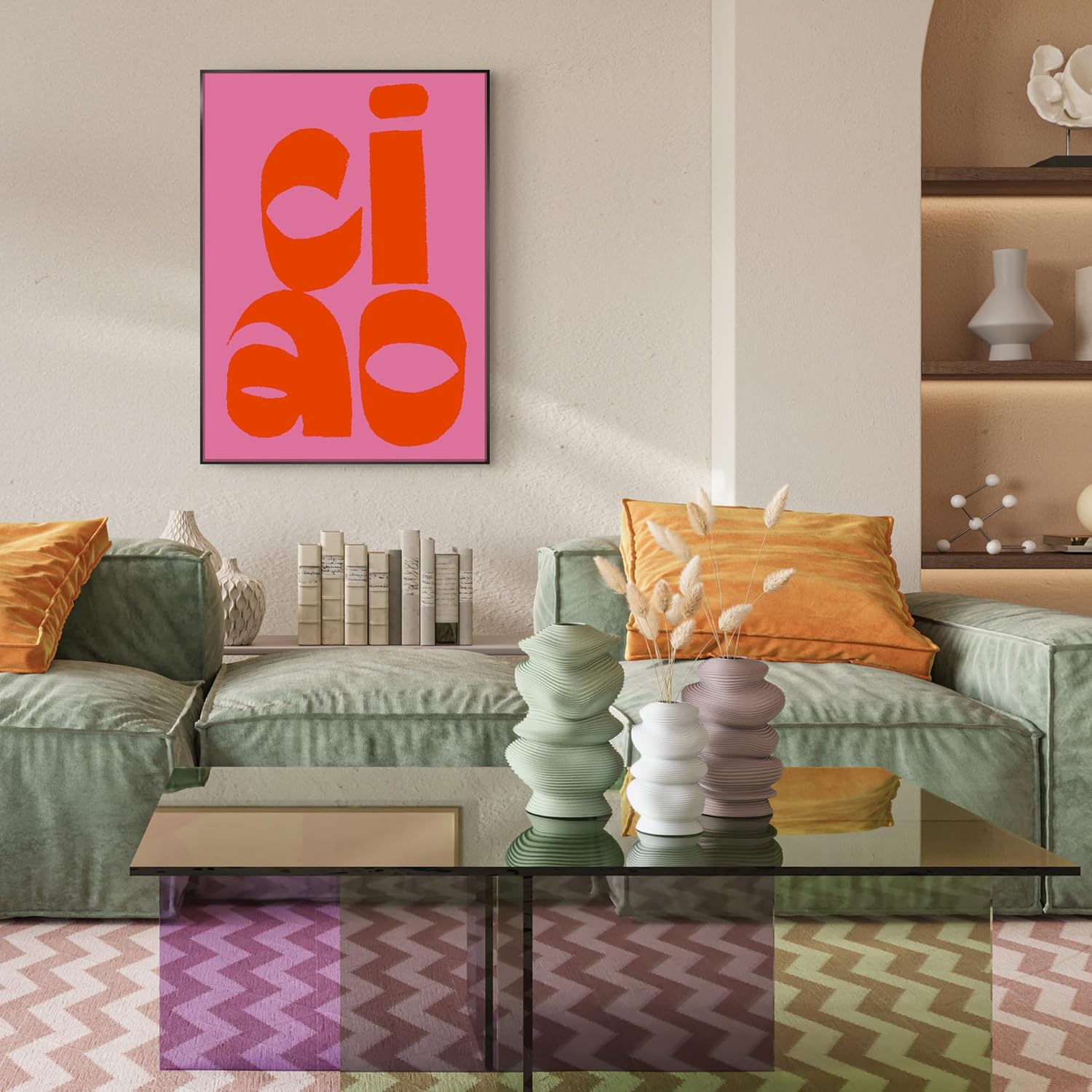 Das gerahmte Bild in den Maßen 50x70cm ist sehr modern und stilvoll. Der Untergrund ist in einem kräftigen Rosa gehalten auf dem in leuchtendem Orange das Wort ciao über zwei Zeilen abgebildet ist. Die Typografie ist kleingeschrieben füllt das Rahmenbild aus.