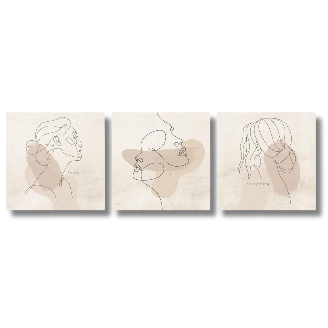 Leinwand Bilder Set in Beige - alle drei Bilder sind in hellen Beige Tönen gehalten mit runden Formen. In schwarzer Strichkunst zeichen sich die Gesichtszüge einer Frau auf jedem Leinwandbild in unterschiedlichem Winkel ab.