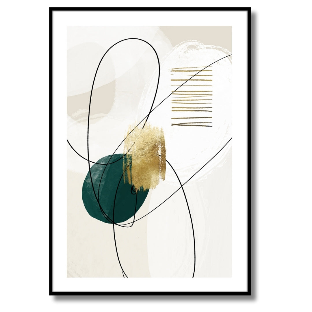 Das Rahmenbild in den Maßen 50x70cm zeigt ein abstraktes Bild im minimalistischen und klaren Design. Es enthält geschwungene schwarze Linien und geometrische Formen in Dunkelgrün und Gold sowie Texturen in Weiß- und Beigetönen.