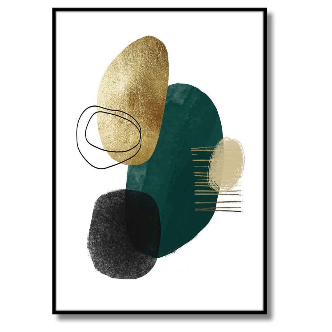 Das Rahmenbild in den Maßen 50x70cm zeigt ein abstraktes Bild im minimalistischen und klaren Design. Das Bild zeigt ungleichmäßige runde Formen und Linien in den Farben Gold, Beige, Dunkelgrün und schwarz. Die Formen sind auf weißem Hintergrung gedruckt.