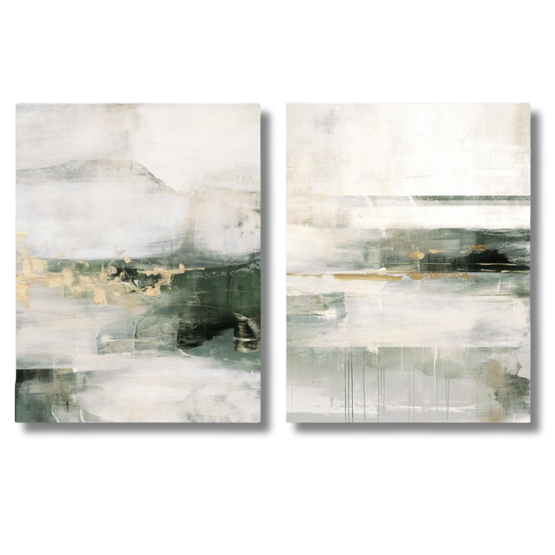 Leinwand Bilder Set - beide Bilder mit malerischem und abstaktem Kunstdruck im minalistischen Design. Helle abstrakte Kunst mit Aktenten in Gold und dunklem Grün.