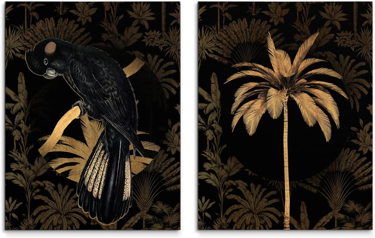 Black Parrot I Goldener Dschungel I Bilder Set Leinwand 2x 32x42 cm