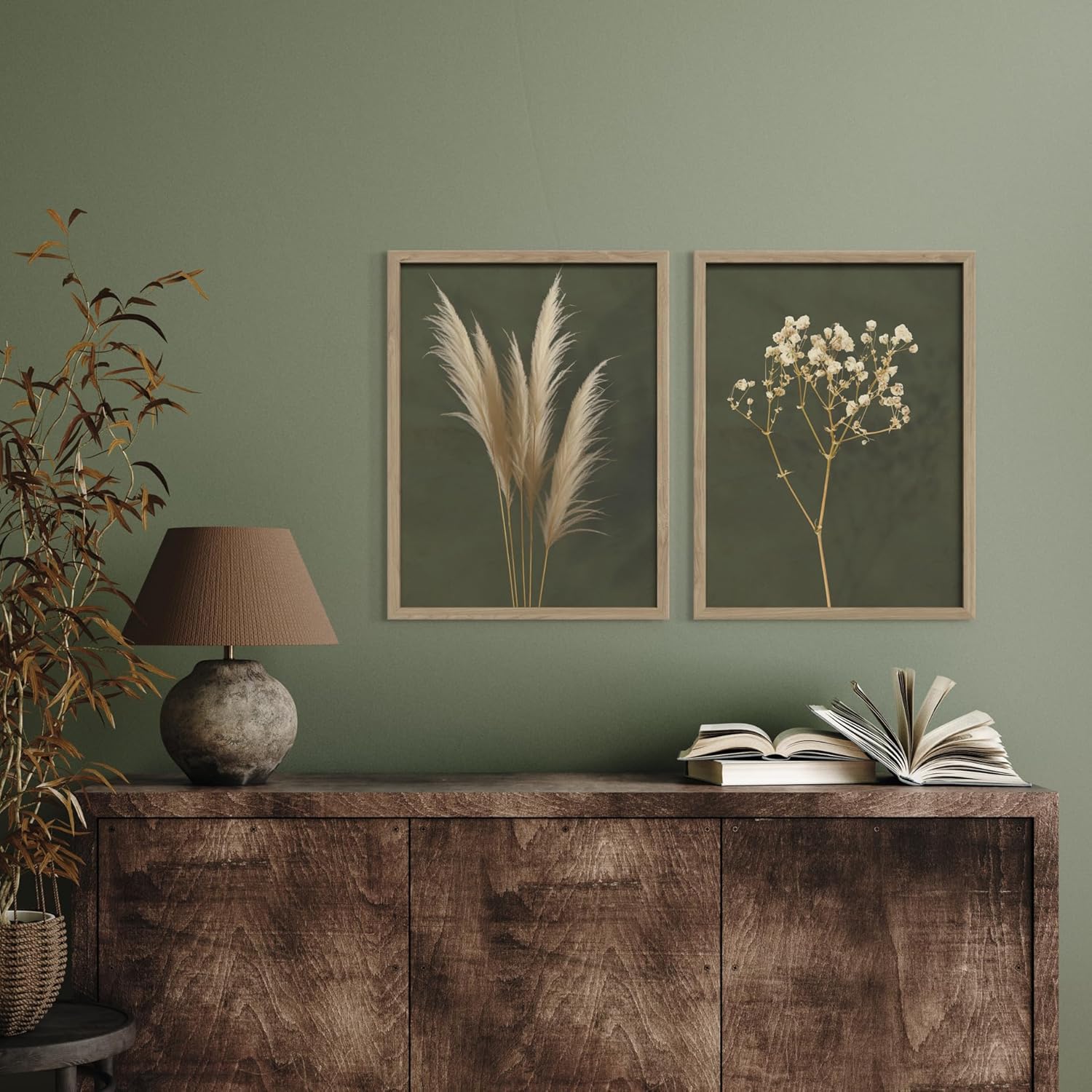 Boho I Minimalism Green Beige I Picture Set with Frame 2x 30x40cm