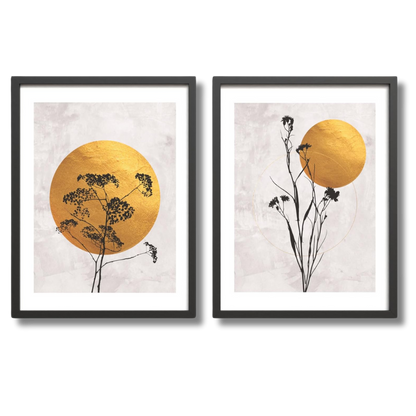 Bilder Set Rahmen - minimalistische vintage Kunst mit botanischen Silhouetten in Gold und Schwarz. 