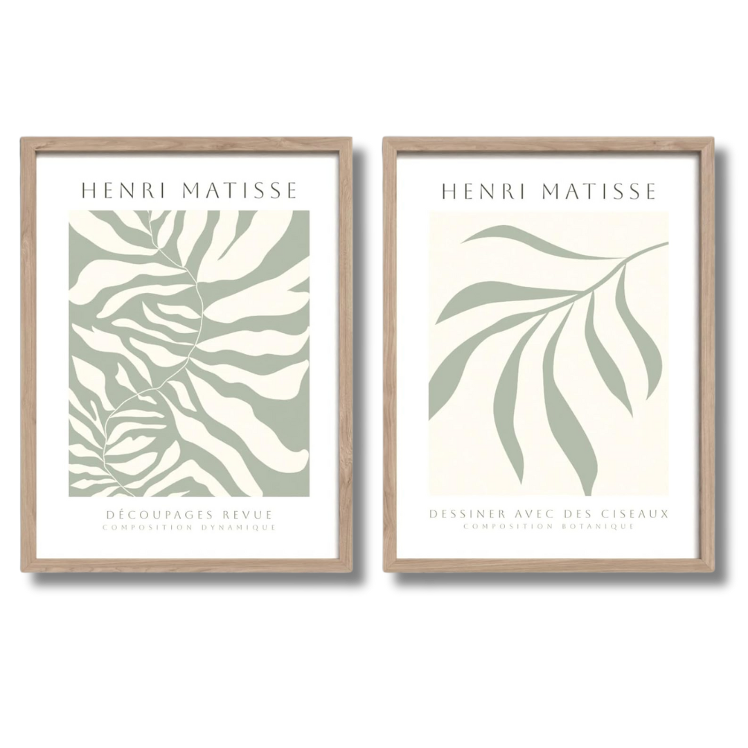 Bilder Set Rahmen - Henri Matisse inspirierte Kunst mit botanischen Motiven in Salbei Grün und Beige.