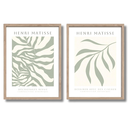 Bilder Set Rahmen - Henri Matisse inspirierte Kunst mit botanischen Motiven in Salbei Grün und Beige.