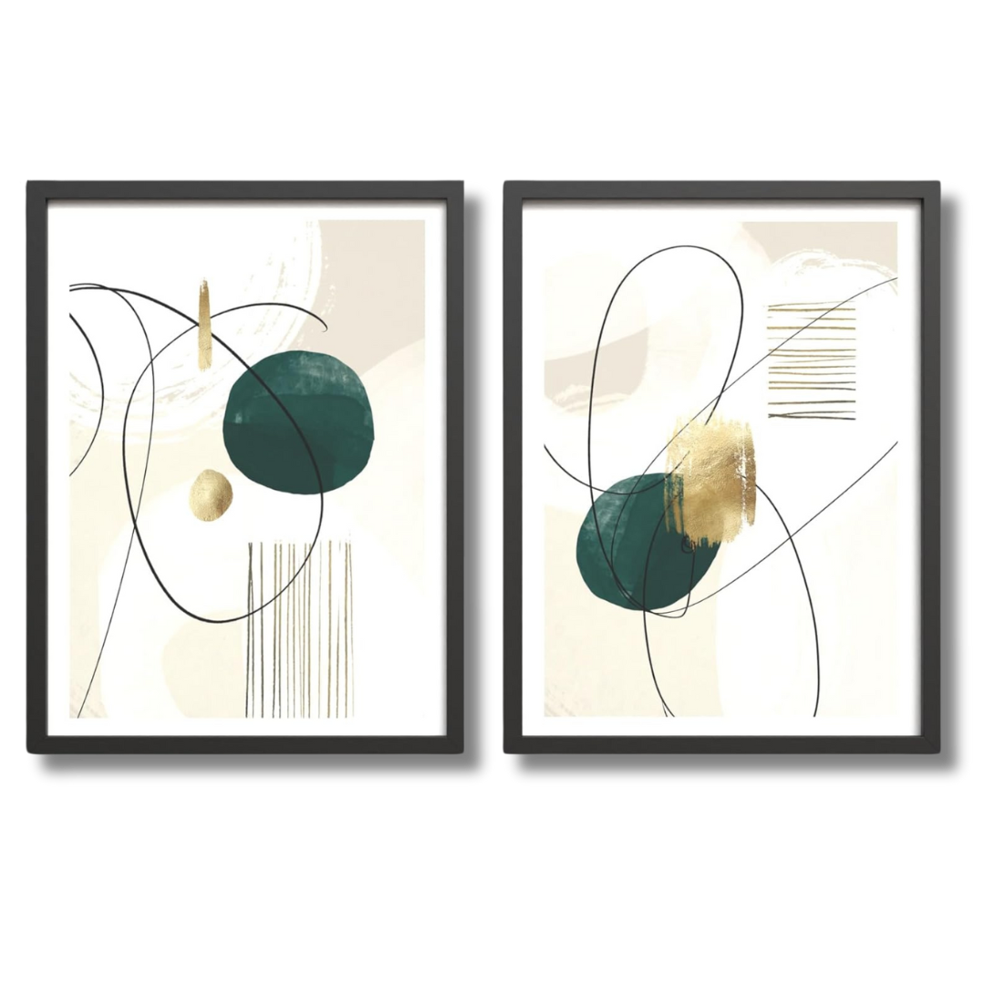 Bilder Set mit Rahmen in den Maßen 30x40 cm - beide Rahmenbilder zeigen runde Formen in Grün und Gold sowie schwarze Linien im minimalistischen Design. Abstrakte Kunst auf hellem Hintergrund in Creme und Beige.